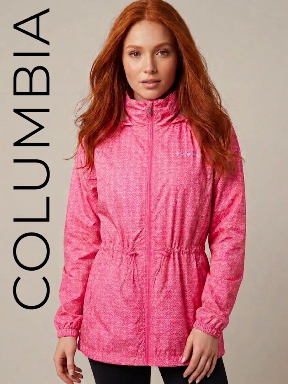 ⁠Columbia Women's Pink Printed Drawstring Waist Rain Jacket Windbreaker Size M⁠